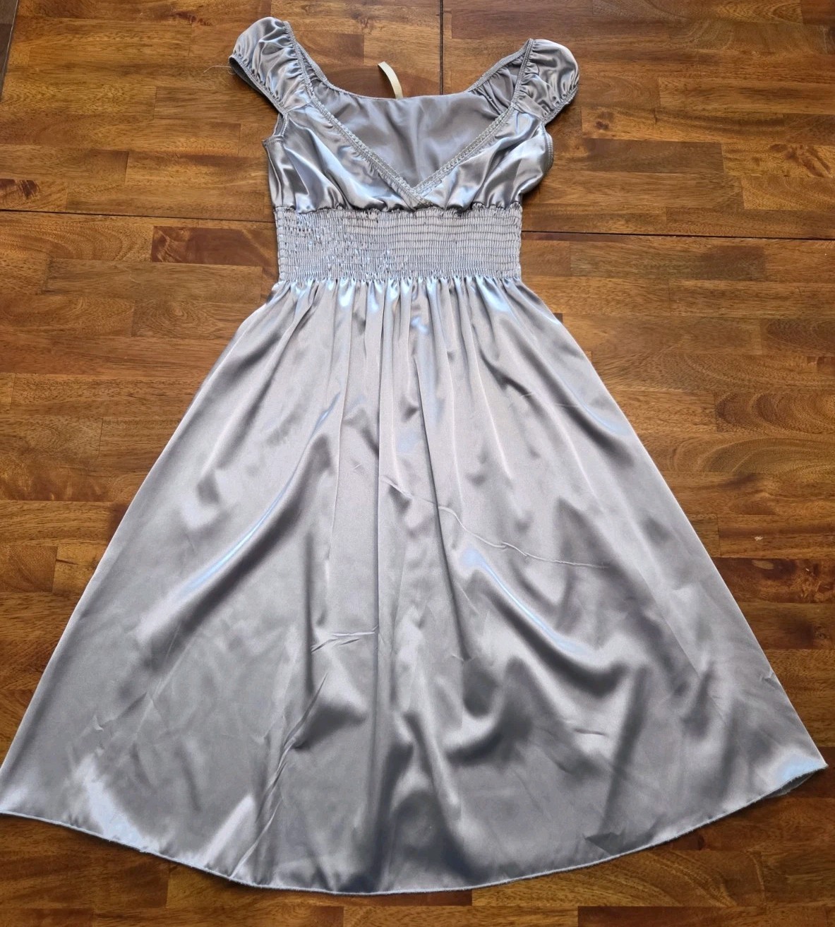 Estam 90s Style Silver A Line Dress Junior Size Medium Rouched Waist Cap Sleeve