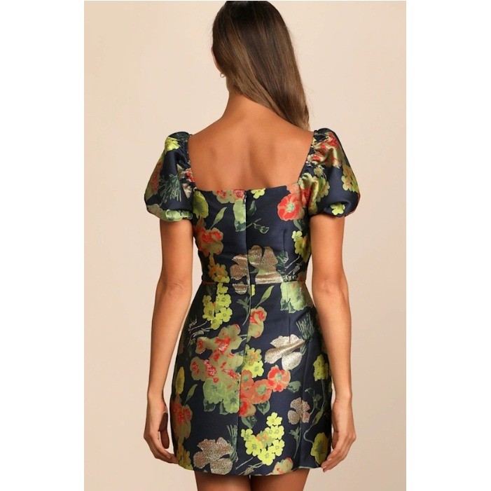 Lulus Navy Blue Gold Floral Brocade Jacquard Puff Sleeve Mini Dress Small