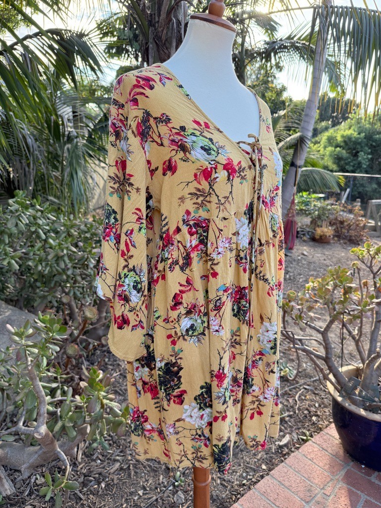 Boho-Chic Babydoll Mini Dress Bell Sleeves Size L 70s Revival Cottagecore
