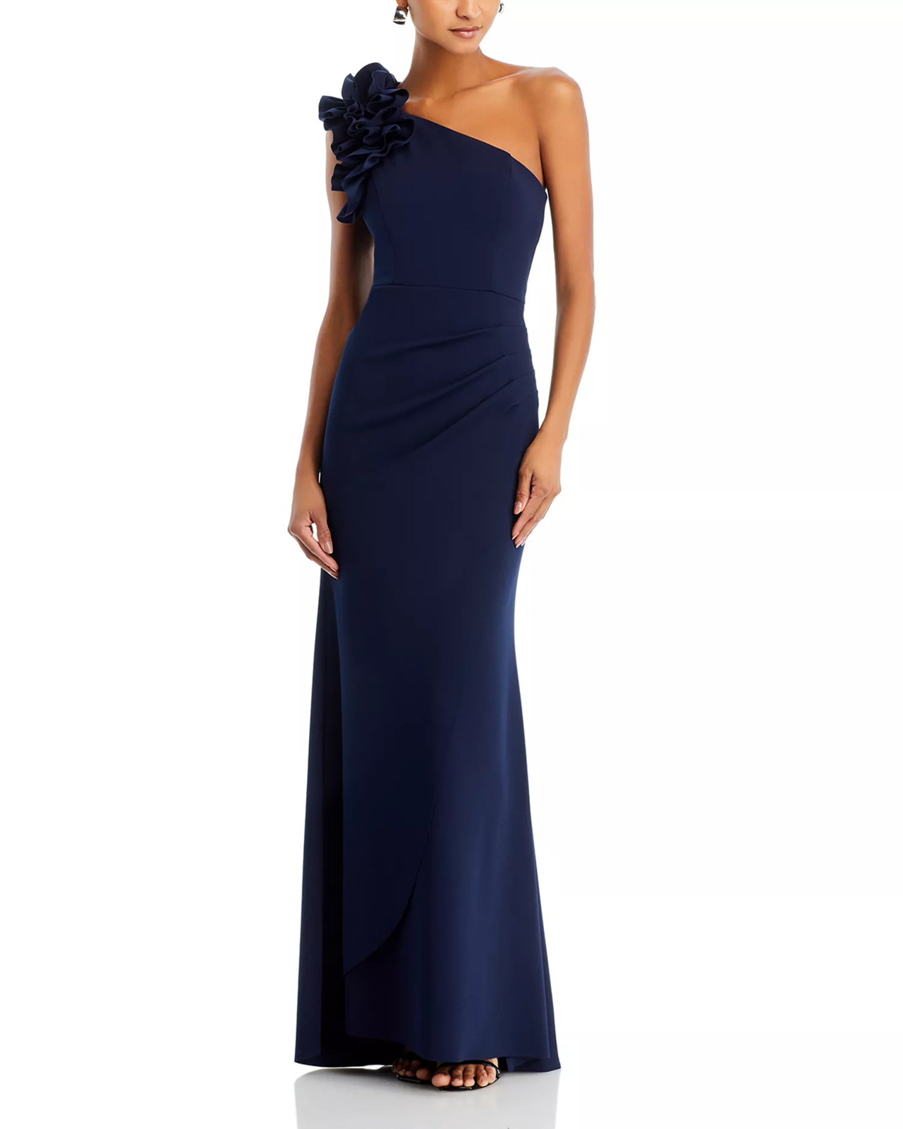 Aqua One Shoulder Gown 14 Navy Ruffled Ruched Stretch Formal Wedding NWT $298