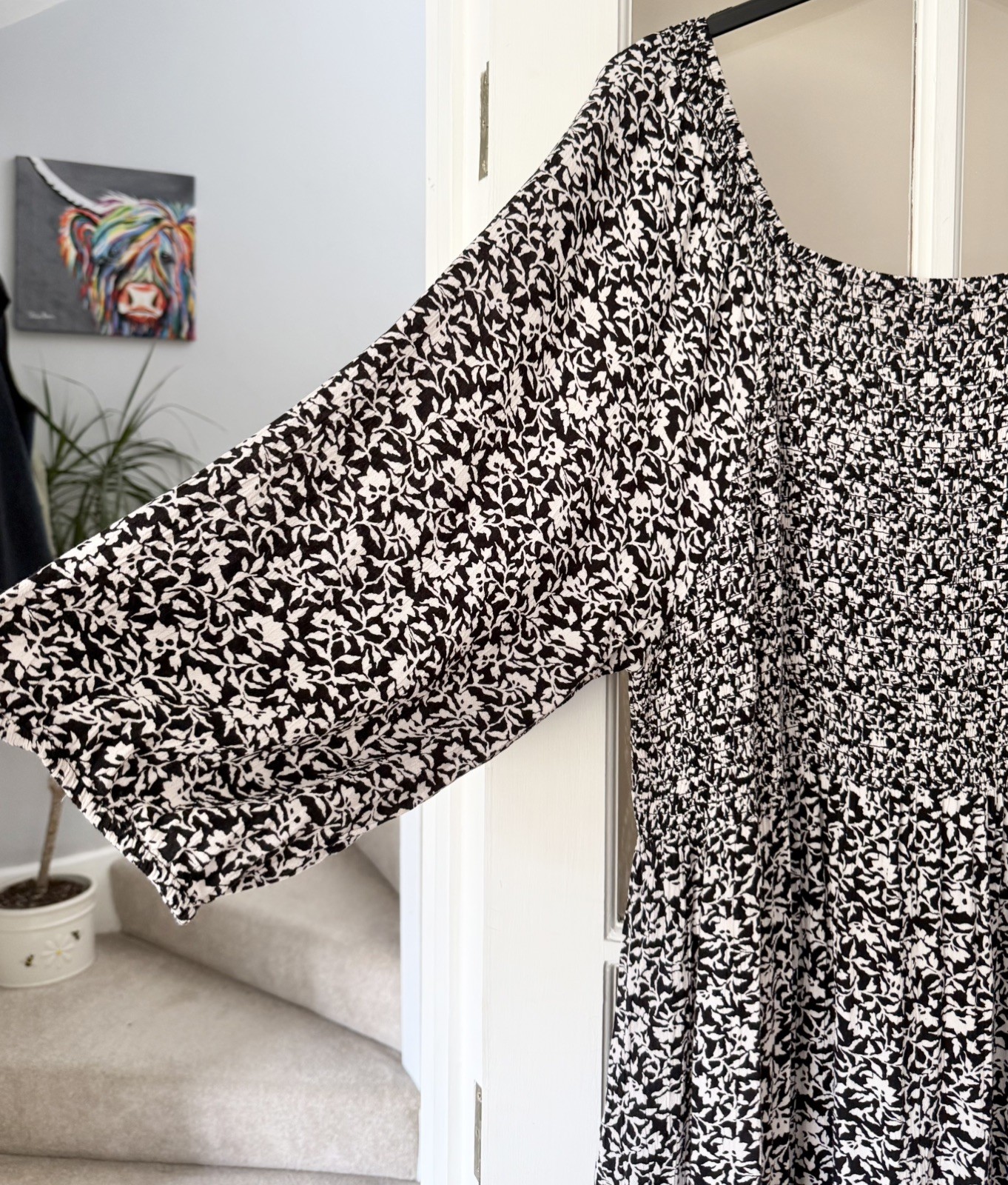 Fat Face Adele Black White Vines Print Midi Dress Shirred Bust Sleeve Size 24 R
