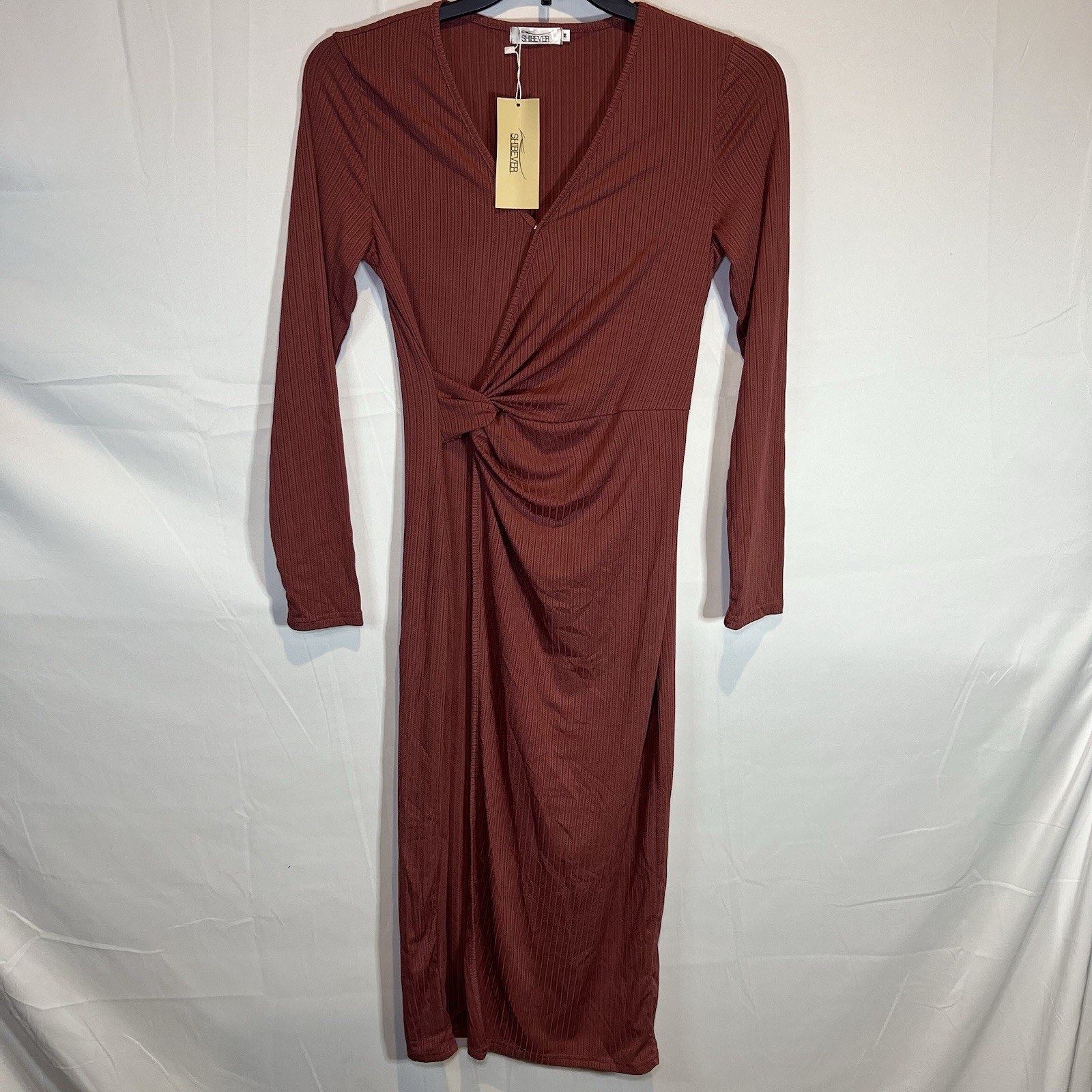 Shibever | Women’s Long Sleeve Midi V Neck Casual Dress | NWT | Medium Red Brown
