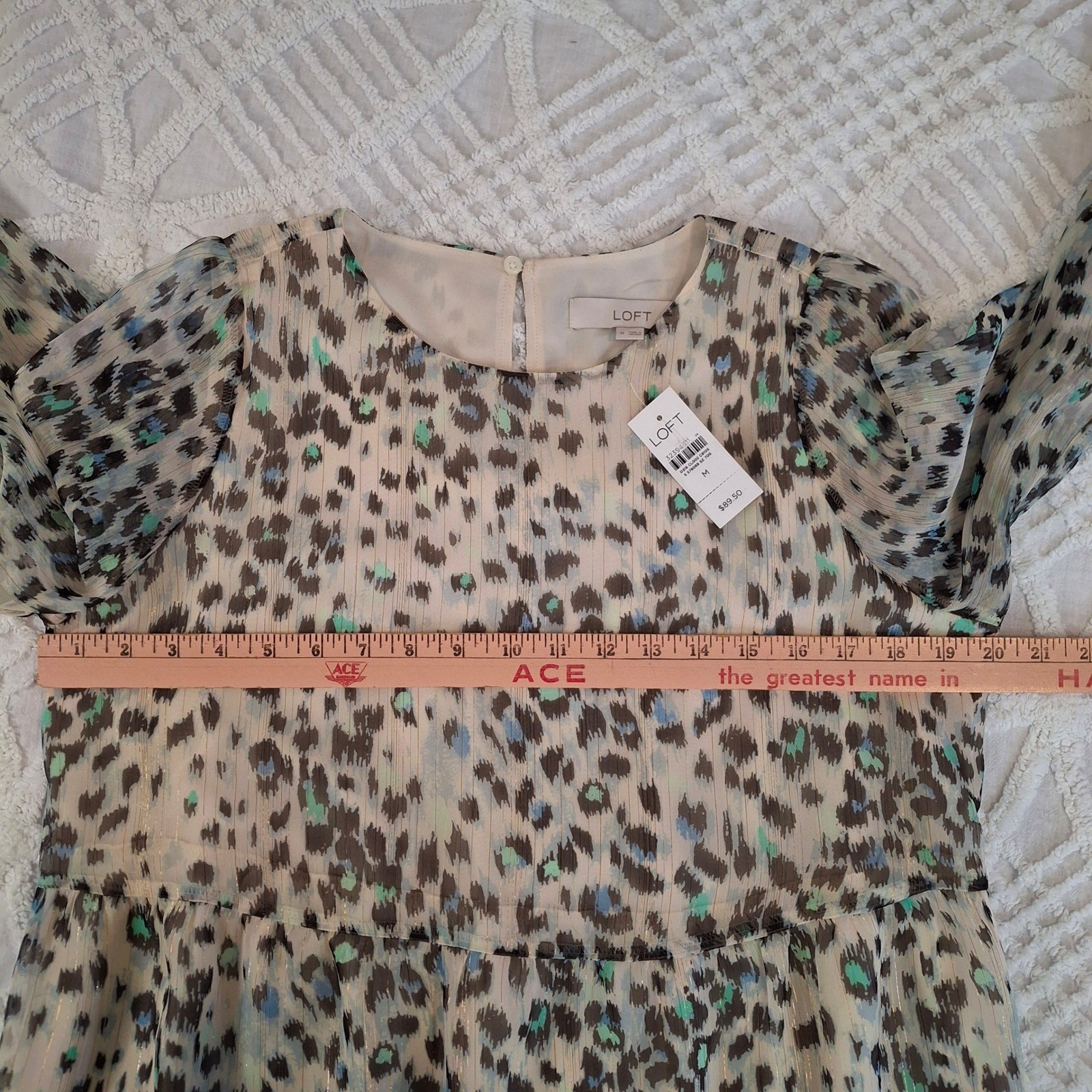 LOFT Medium Tiered Flounce Leopard Print Sheer Chiffon Long Sleeve Dress NWT