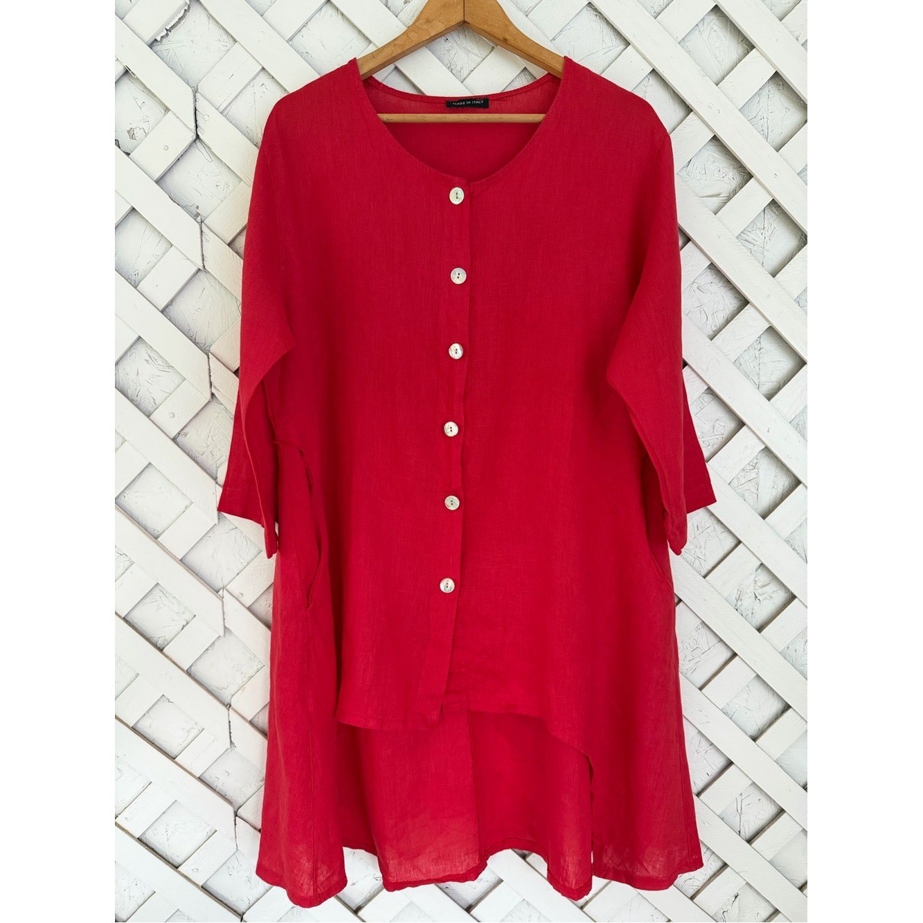 Italian Linen Tunic Dress 100% Linen Made in Italy Roll Tab Coastal Boho Large