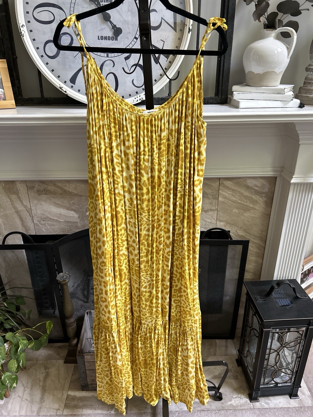 MIKOH flowing A line sundress midi dress two tone yellow Leopard print sz 2 M L