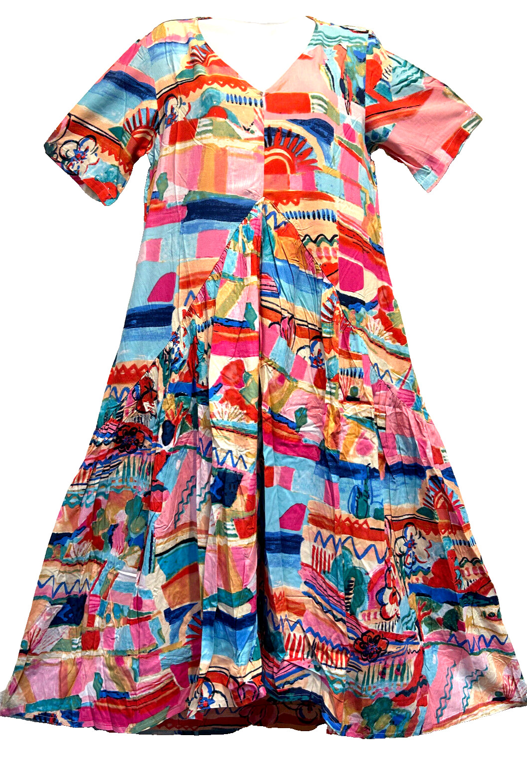 Nwt SACRED THREADS abstract funky hippie rayon pocket hi-low DRESS M Free shipp