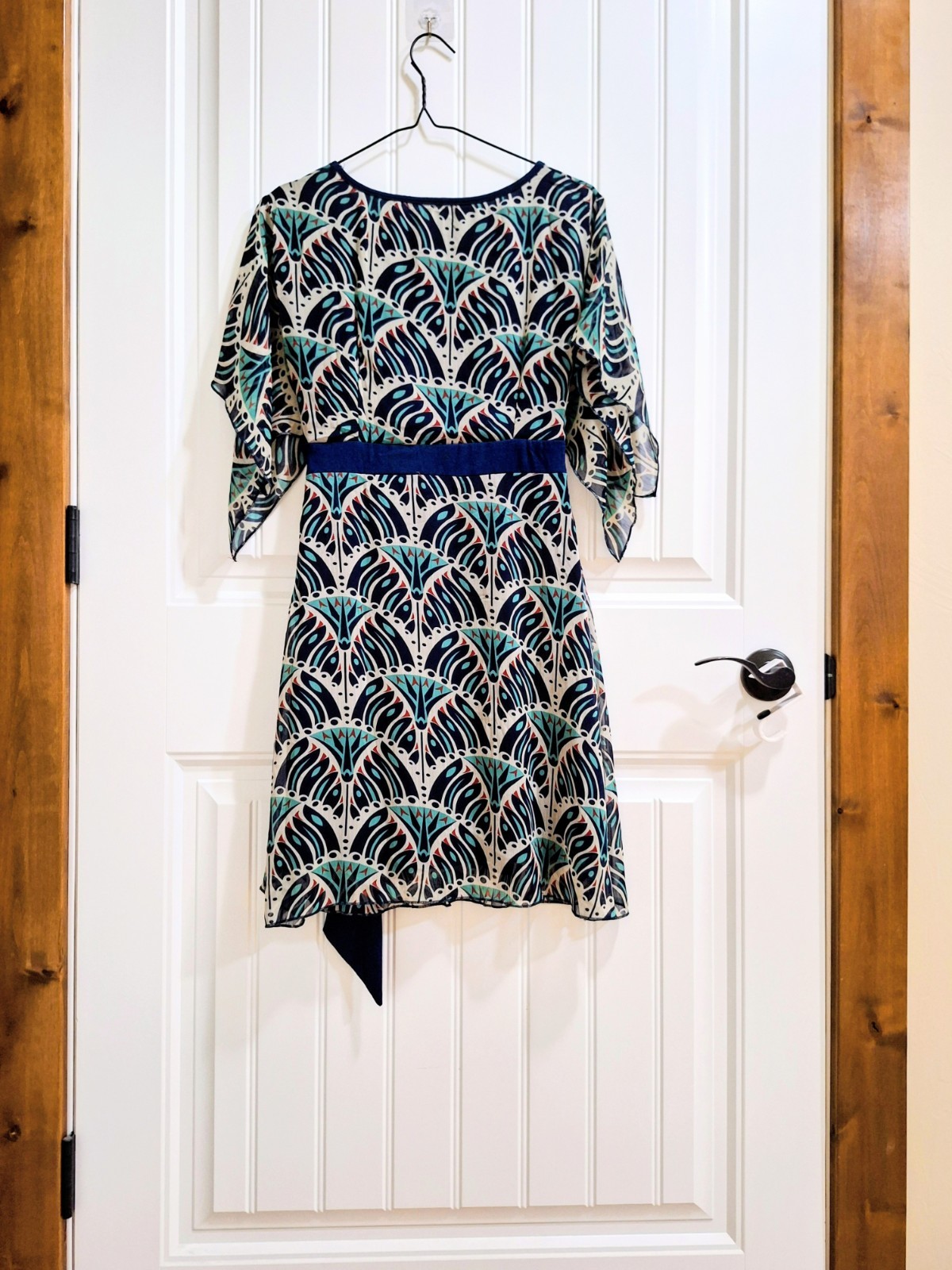 EUC Women’s Navy & Teal Printed Belted Dress