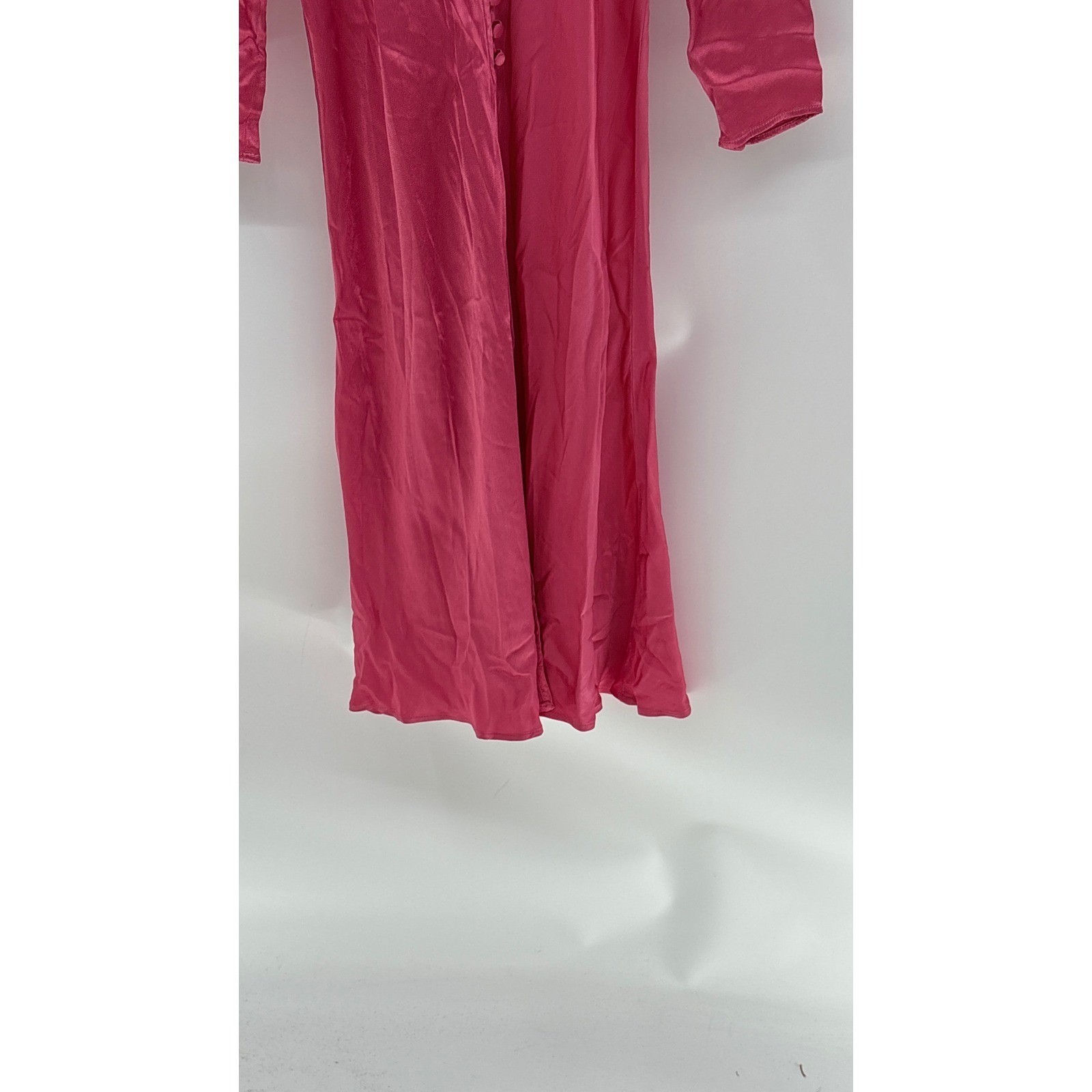 Ghost London Meryl Midi Dress Button Fairycore V Neck Satin XS Pink Long Sleeve