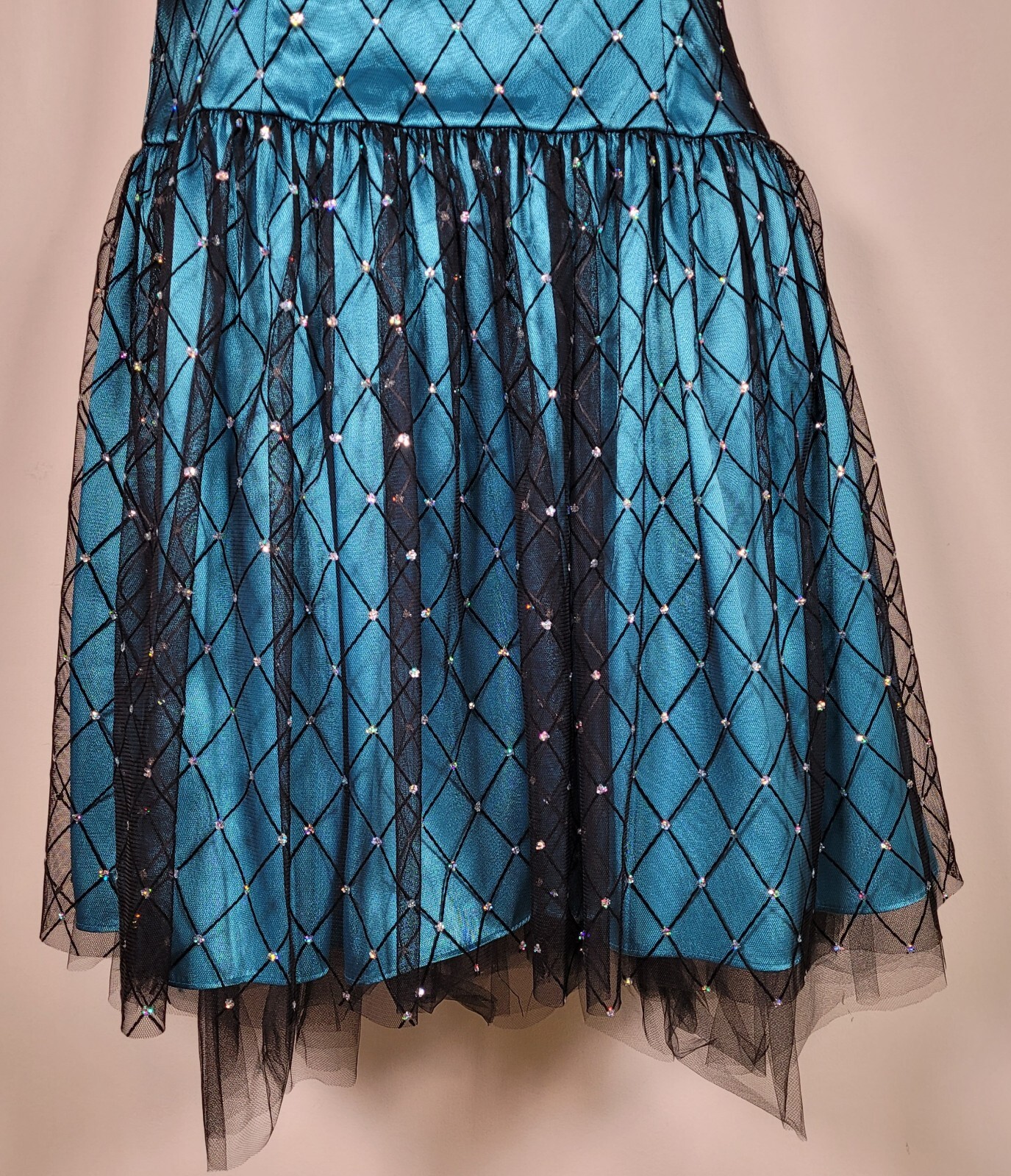 Strapless Dress Teal with Black Overlay and Rhinestones Waist Measures 38 Inches