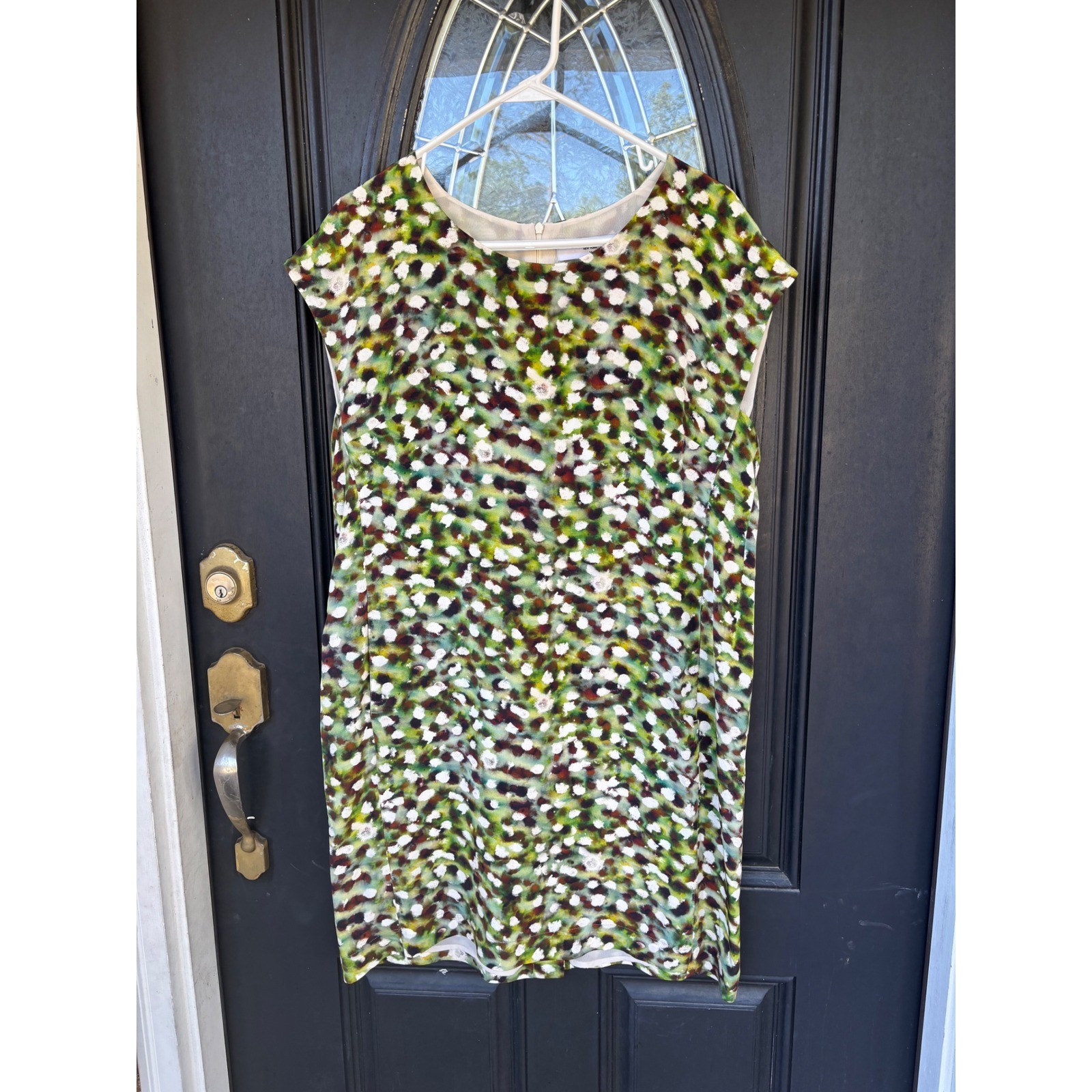 M.M.LaFleur Maaza Dress Green Abstract Silk Lining Dress Womens Sz 14 Cap Sleeve