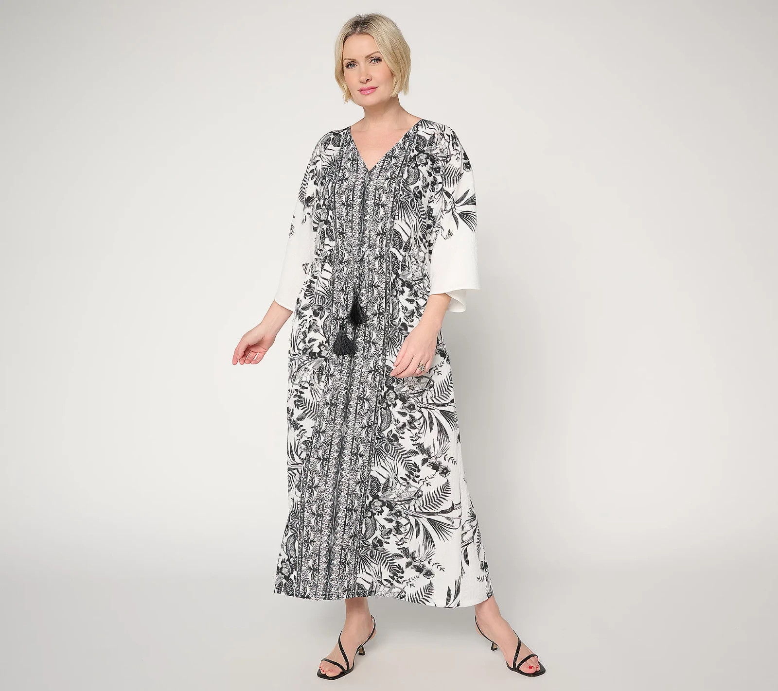 Dennis Basso Printed Kaftan Dress Black Mist Petite S