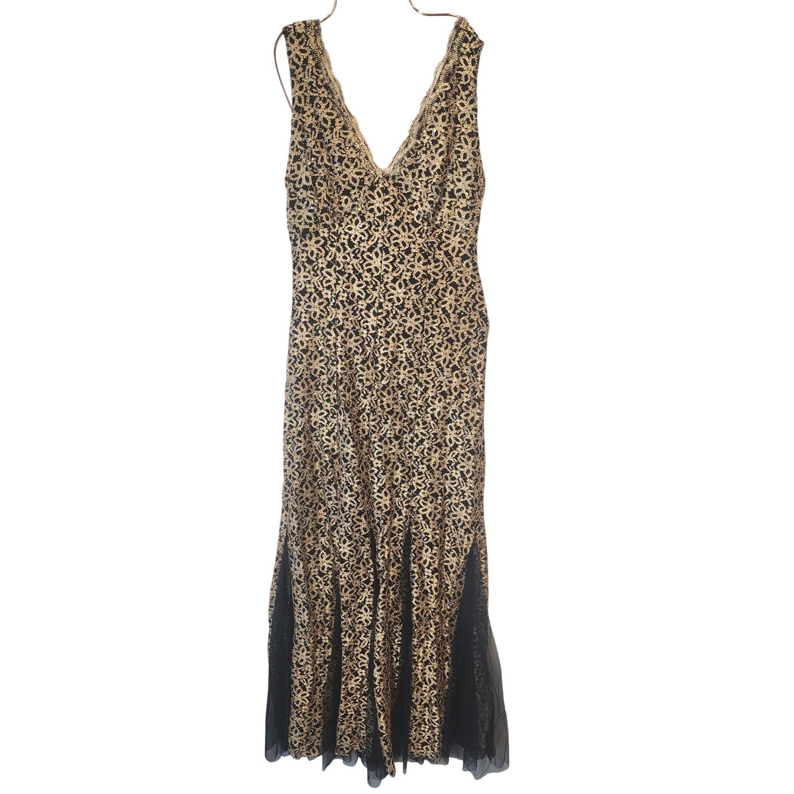 Candalite Gold Lace Sequin Evening Gown Mermaid V-Neck Open Back Size S NWT