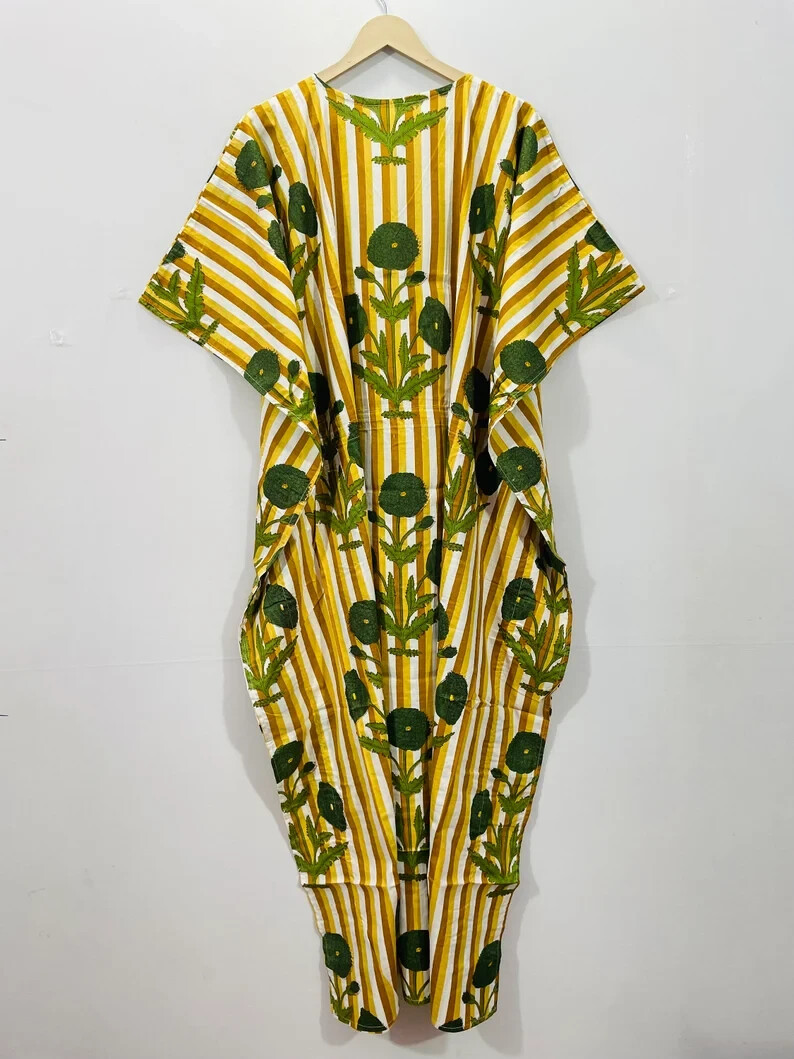Indian Yellow Long Solid Print Cotton Hippie Maxi Women Nightwear Caftan Dress