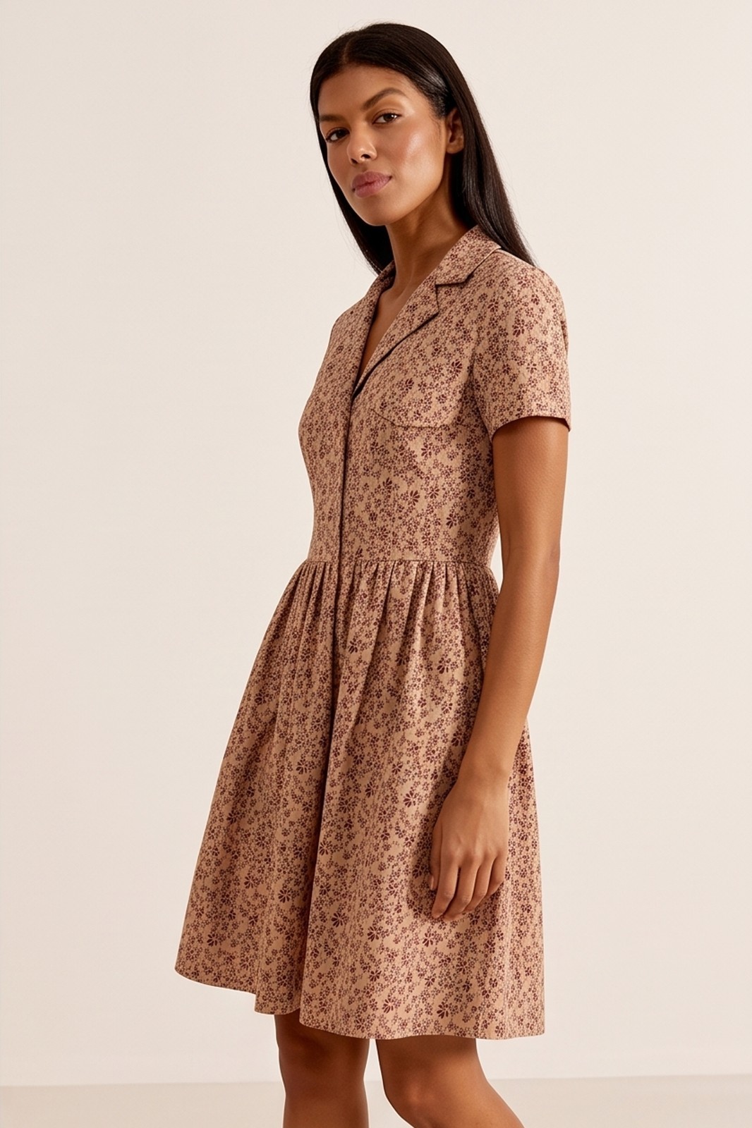 Brown Mocha Floral Mini Summer Dress by FemeAdor – Size (S) – Made in Ukraine