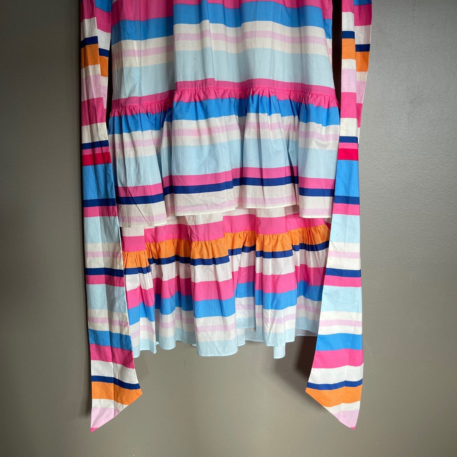 NWT Plenty Rainbow Stripe Ruffle Maxi Dress Tie Waist Flutter Sleeve Medium Chic