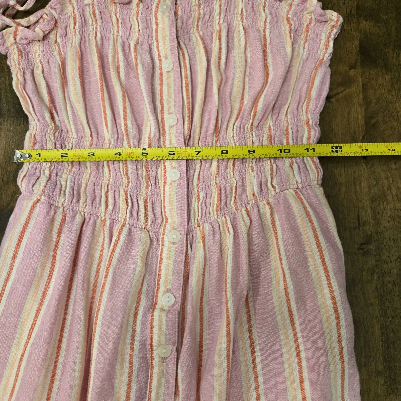 Pink Striped Smocked Linen Blend Midi Dress Tie Shoulder Button Summer Beach S
