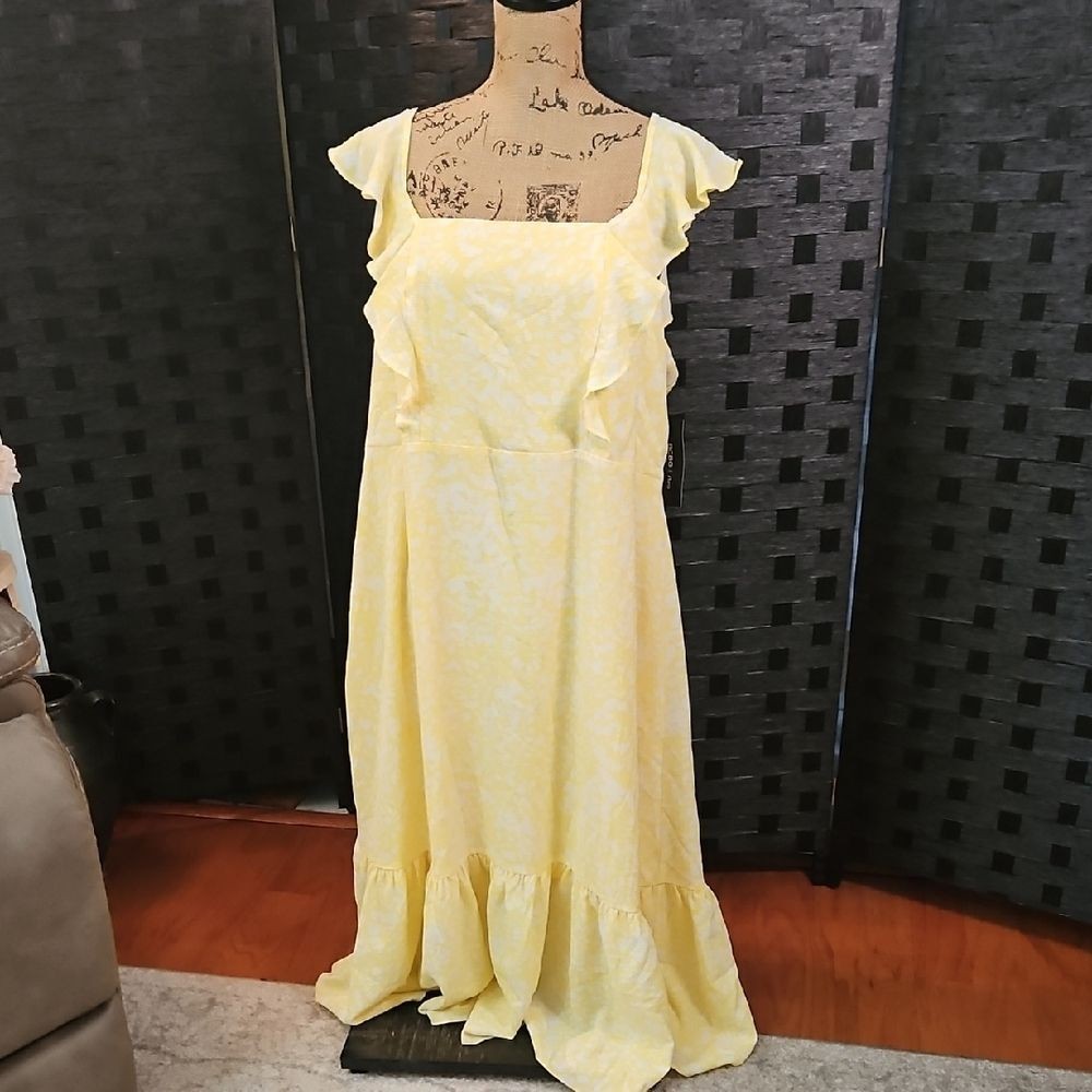 NWT BCBG Paris Yellow & White Ruffle Sleeveless Midi Dress XL 14-16