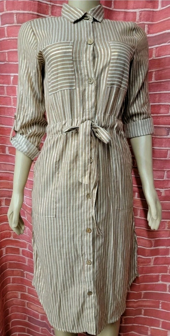 J Glee Belted Long Roll Tab Sleeve Shirt Dress Striped Metallic Gold Women’s M