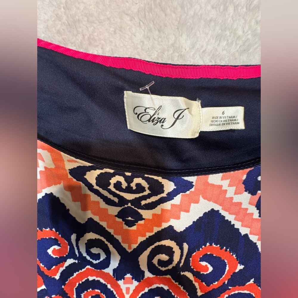 Eliza J Orange Blue White Print Shift Casual Office Work Dress 6