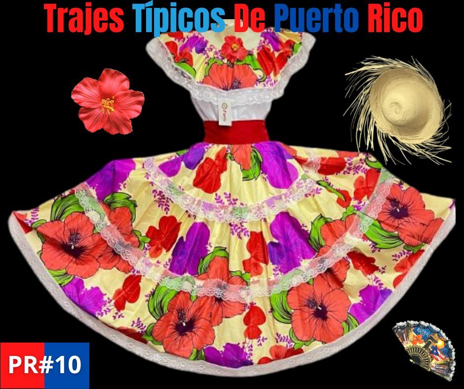 TRAJES TIPICOS DE PUERTO RICO AMAPOLA FLOWER, JIBARA PLENA PUERTORRIQUEÑA 4PC .