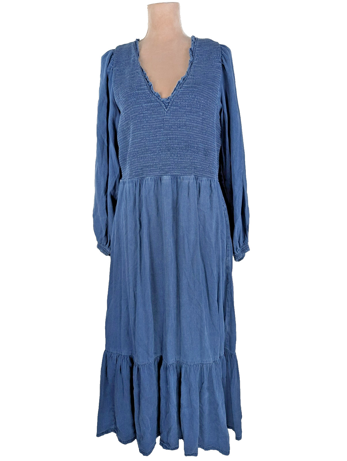 Old Navy Chambray Smocked Maxi Dress Tiered Ruffle Boho Sz XL Western Cowgirl