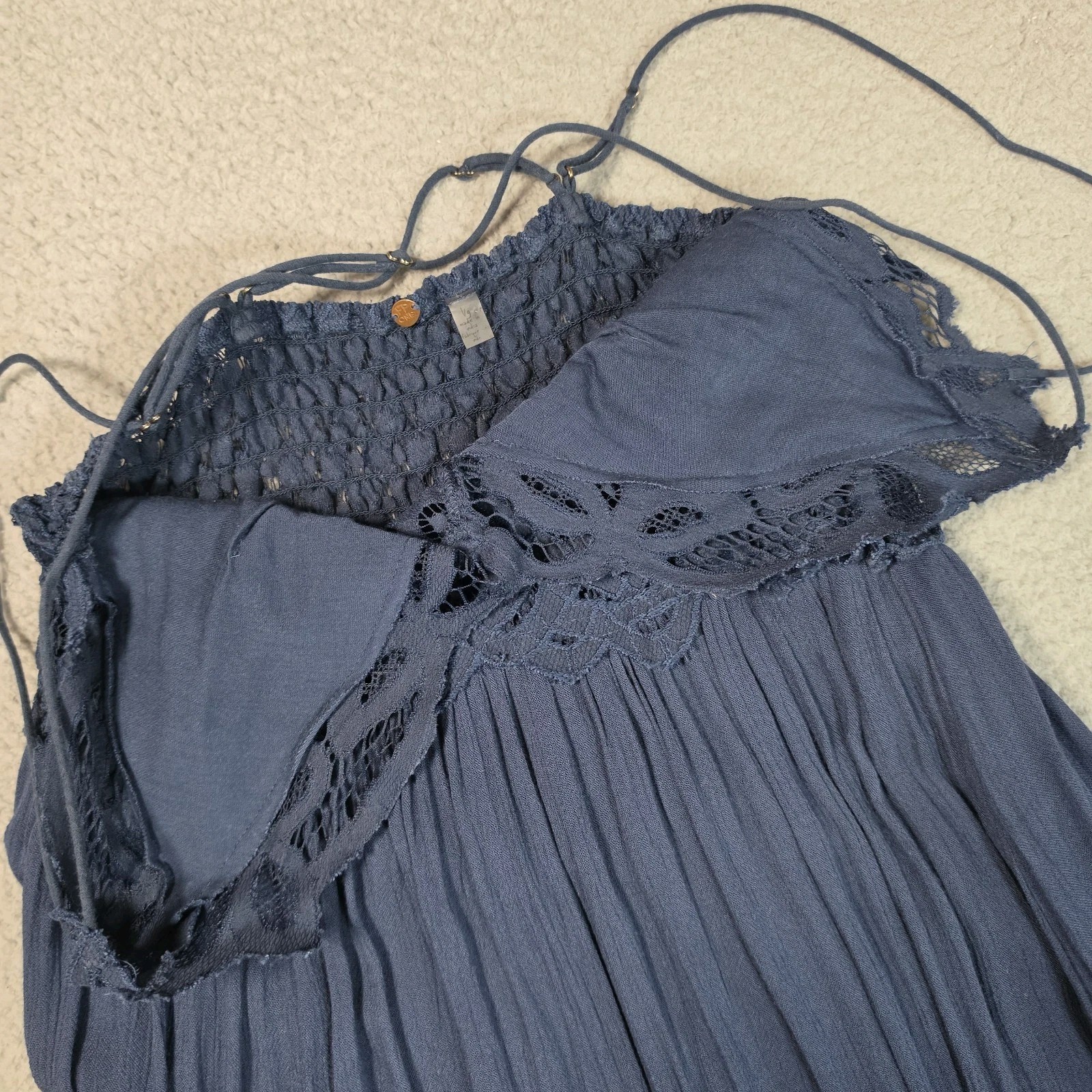Free People FP One Adella Boho Maxi Slip Dress Womens Large Blue Ruffle Strappy