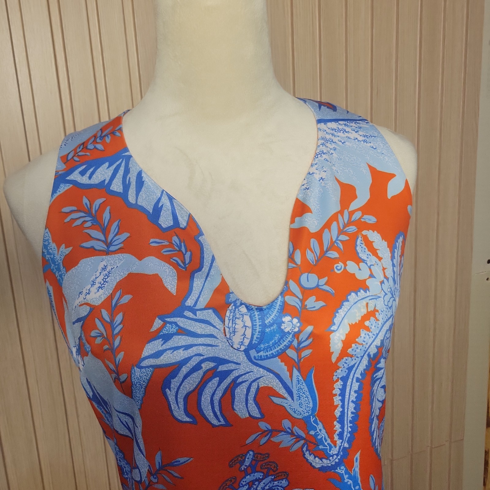 Gretchen Scott Dress Womens Small S Orange Blue Tropical Floral Shift V-Neck