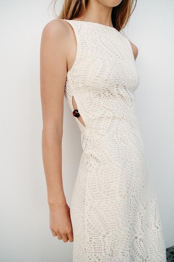 ZARA CROCHET TRIM MIDI SLEEVELESS BEADS SLIT OYSTER WHITE DRESS sz XS 0387/068