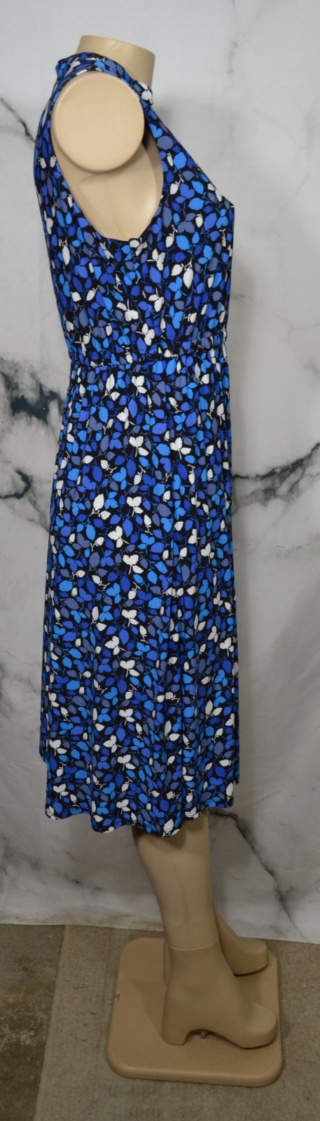 ANNE KLEIN Black Blue Beige Leaf Print Sleeveless Dress 10 Elastic Waist