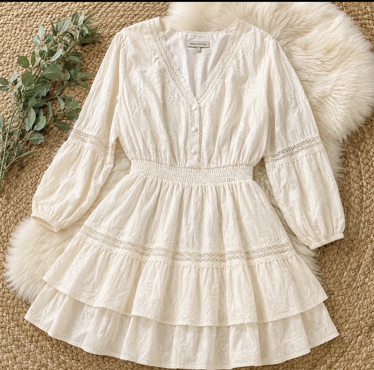 Allison NY Cream Lace Tiered Mini Dress L Boho Romantic Cottagecore Summer NWT
