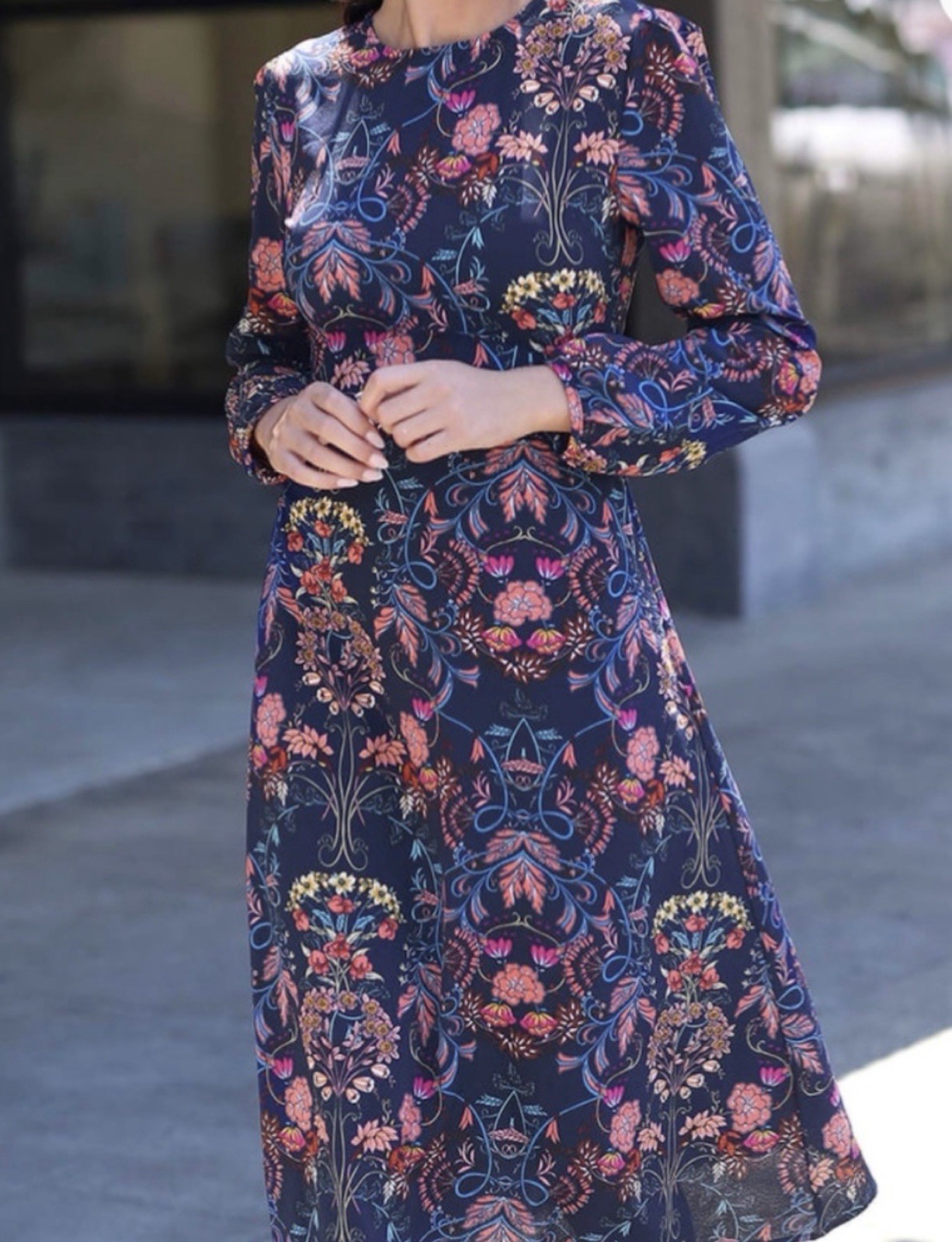 Vintage I. Madeline Dress Womens Medium Navy Blue Garden Splendor Print Crepe