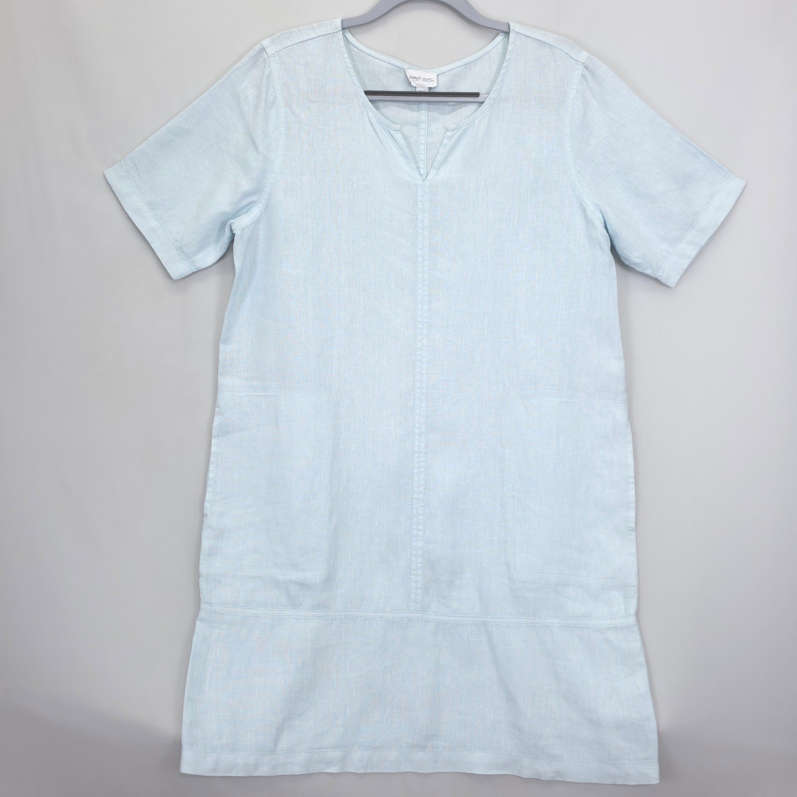 Pure Jill Garment Dyed Linen Dress Women M Blue Short Sleeve Shift Casual Summer
