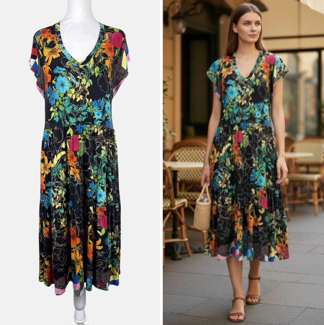 Johnny Was Nero Sequence Tiered Midi Dress Tea Length Floral Boho Sz S
