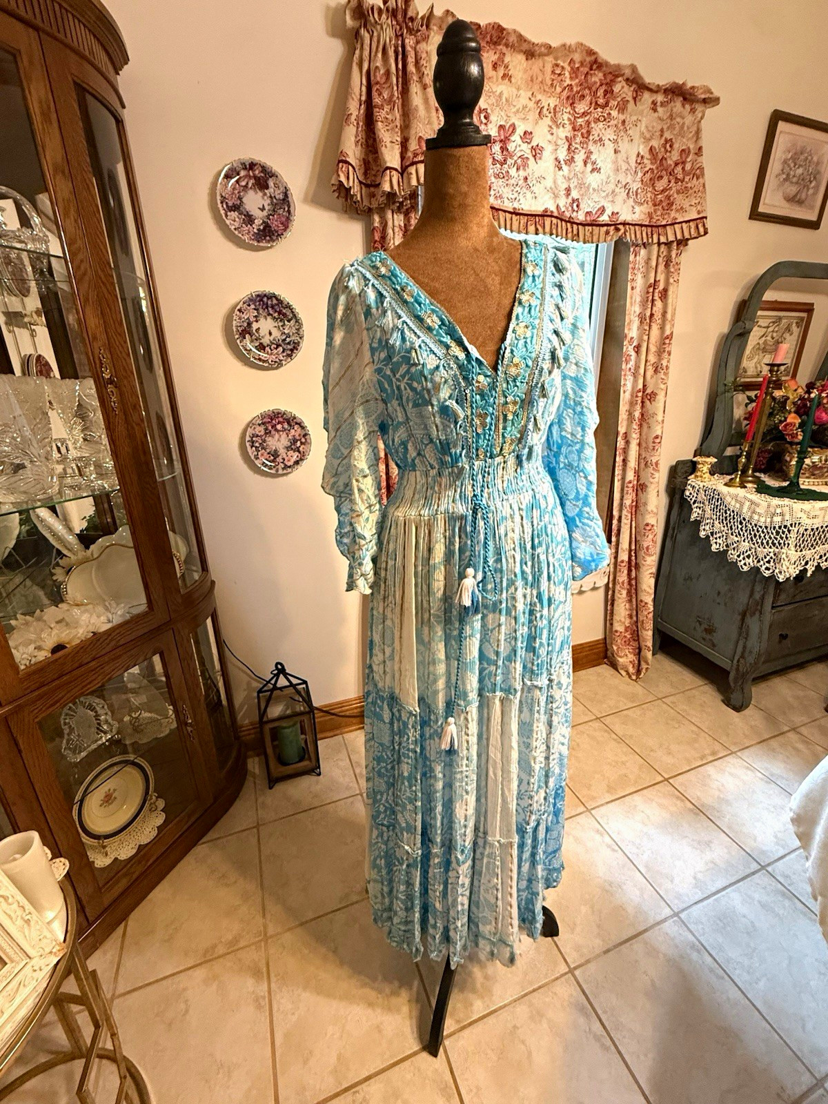 Blue White Boho Maxi Dress Size M Embroidered Lace Tassel Cottagecore Beach