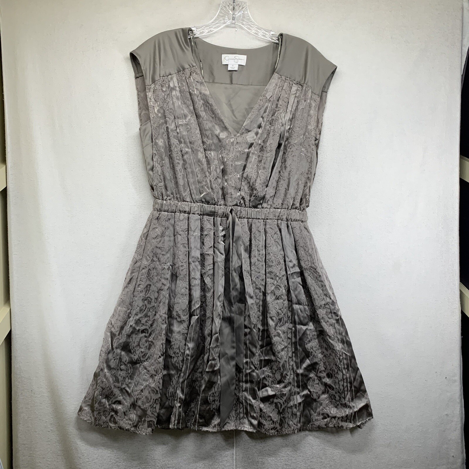 Jessica Simpson Dress Velvet Dark Silver Gray Sheer Pleats Size Medium Stretch