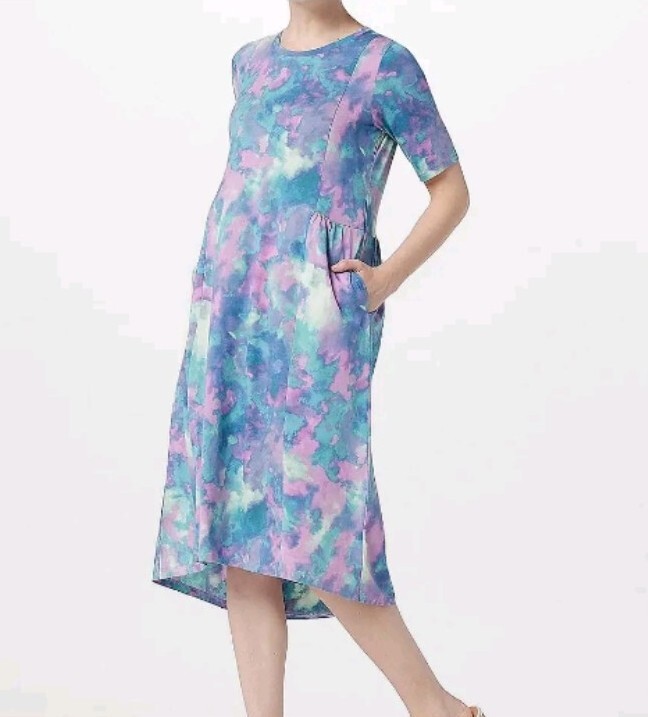 LOGO by Lori Goldstein Reg Print Solid Seamed Knit Midi Teal Tie-Dye,XS A397280