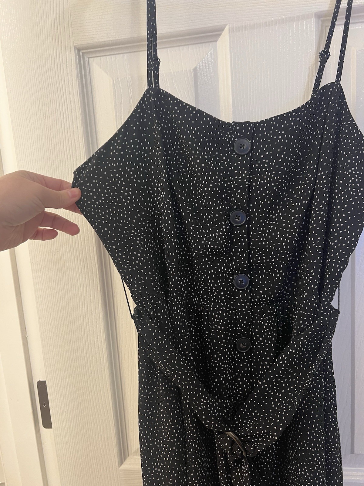 EXPRESS Small Black Polka Dot Belted Dress Coquette Sweetheart Button Strap