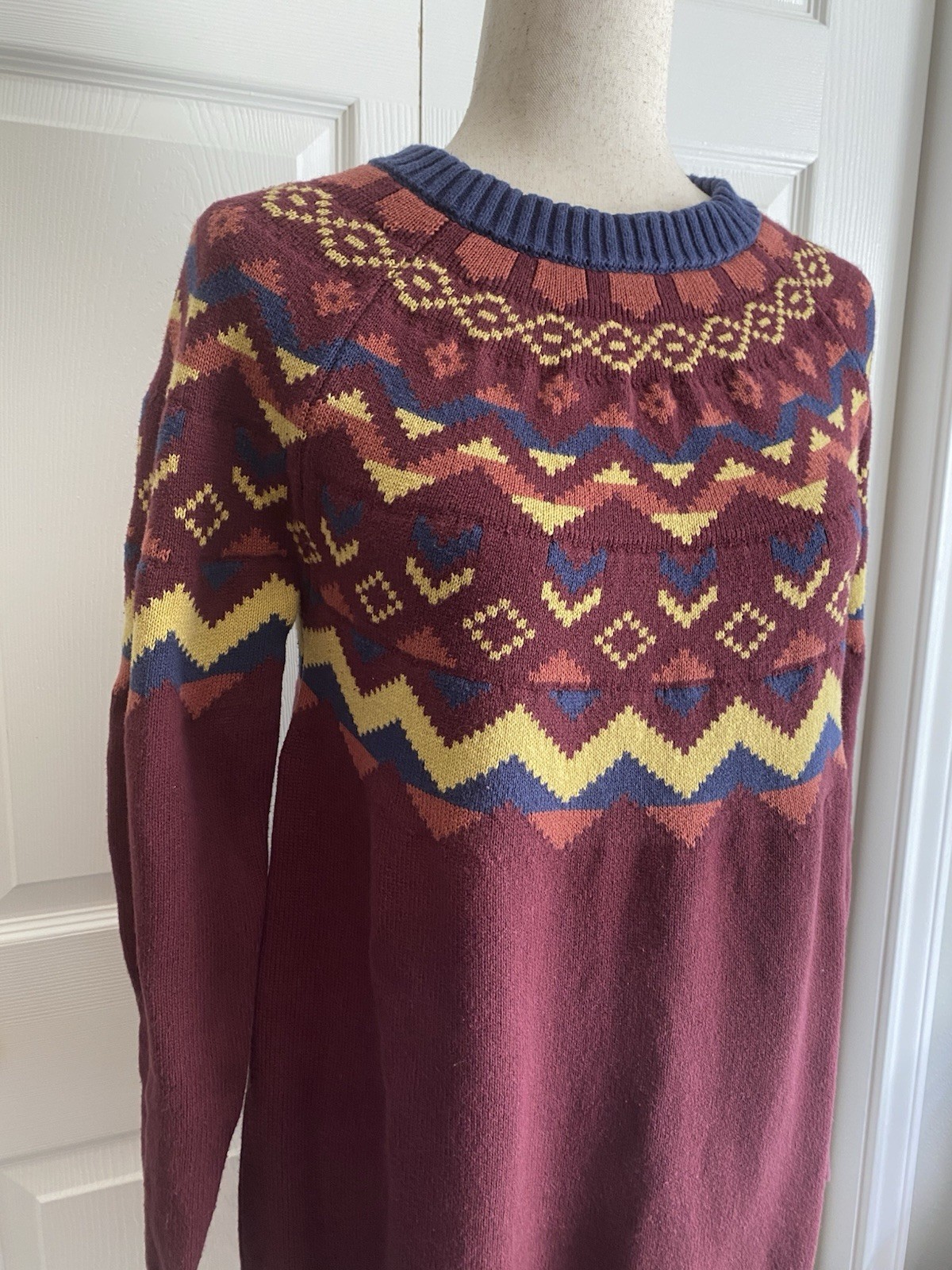 MODCLOTH XL Fair Isle Cozy Commitment Knit Burgundy Sweater Dress Geometric