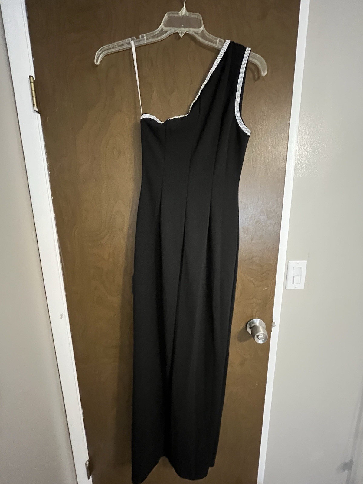 Lulus Black Satin One Shoulder Rhinestone Trim Maxi Dress Zip S