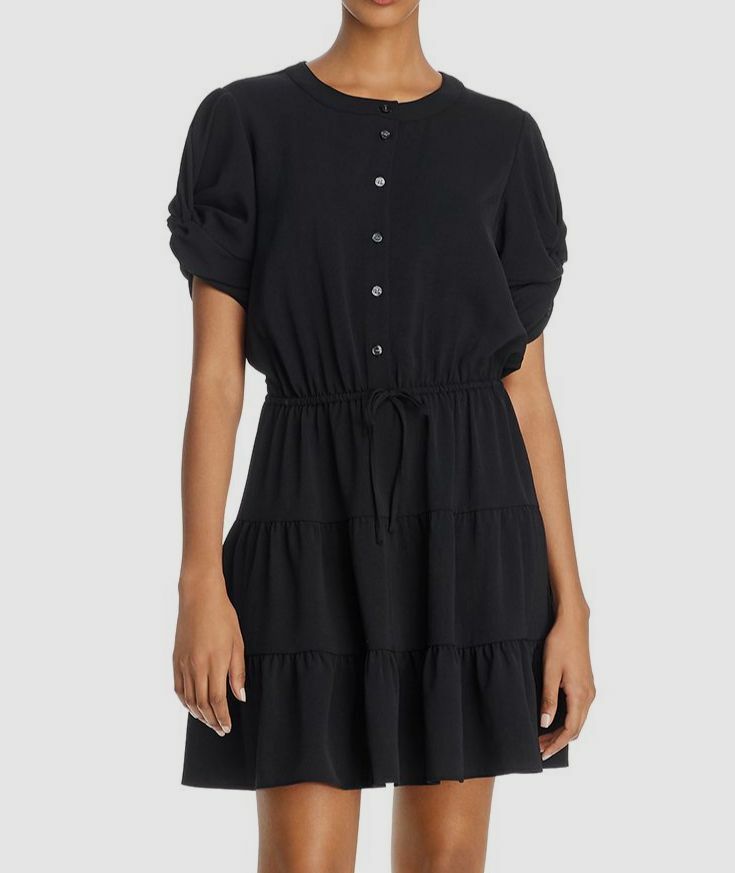 $385 Rebecca Minkoff Women’s Black Aston Button-up Tie Ruched Mini Dress Size M