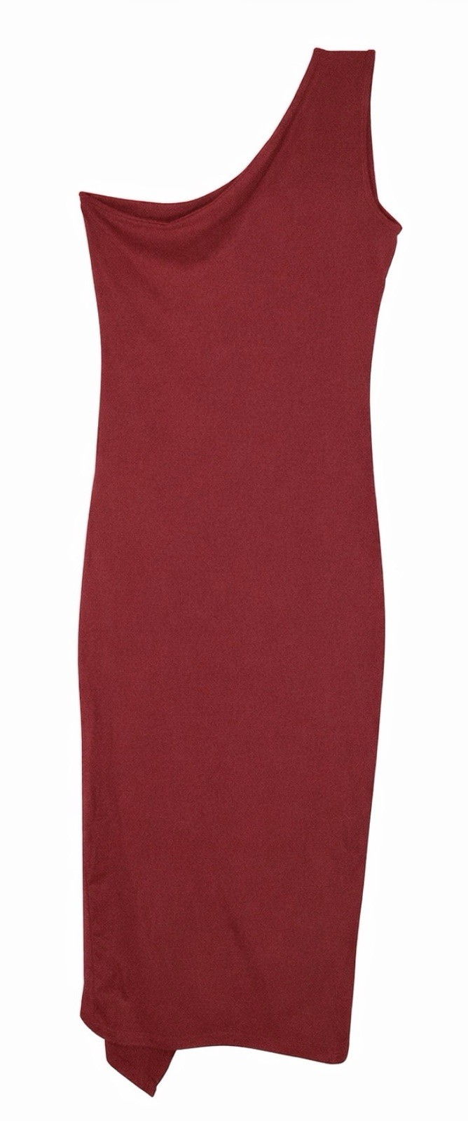 One Shoulder Bodycon Midi Dress Draped Side Tie Detail Stretch Wine Women S