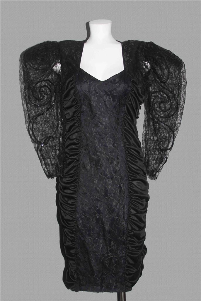 VTG Mayvens Stiff Lace Sequins Puffy Sleeves Ruched Stretch Sides Dress Wm’s 11