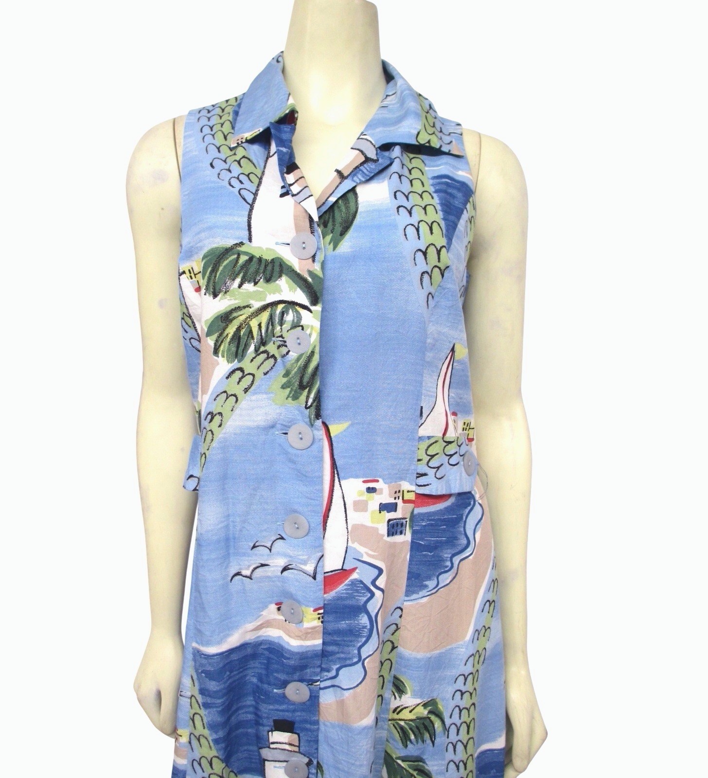 Blue Nautical long Dress Buttoned Shirt Set Large L Hawaiian Aloha CLUB MYSTIQUE