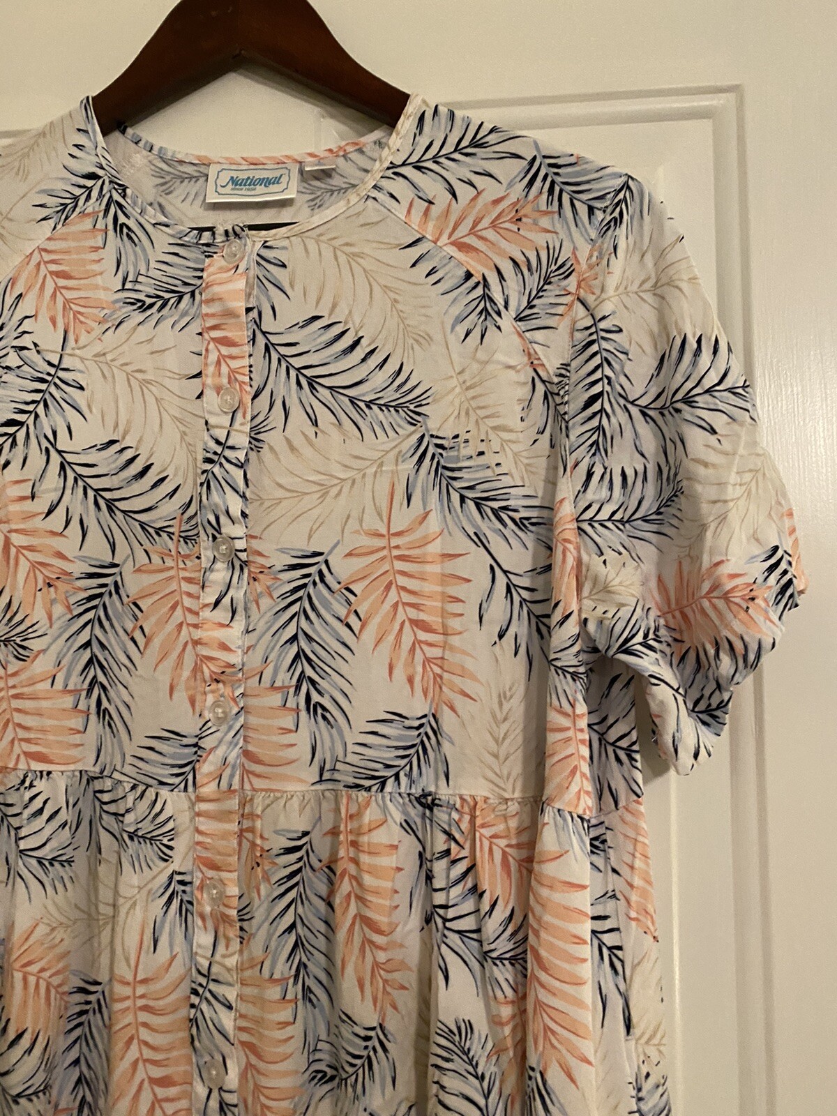 National Since 1952 Housedress Button Up Dress Large Leaf Print Colorful Muumuu