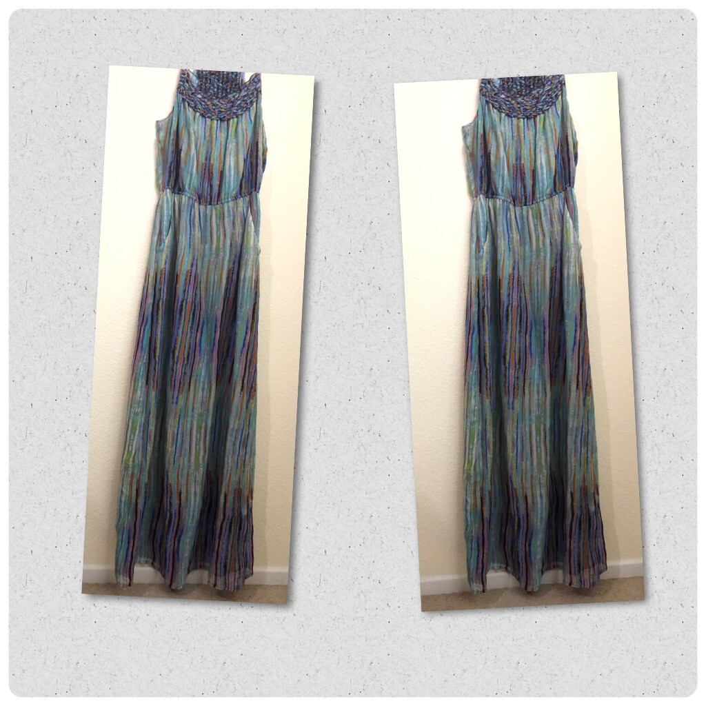 Presley Skye Small Long Maxi Dress Braided Spaghetti Strap Pockets Watercolor