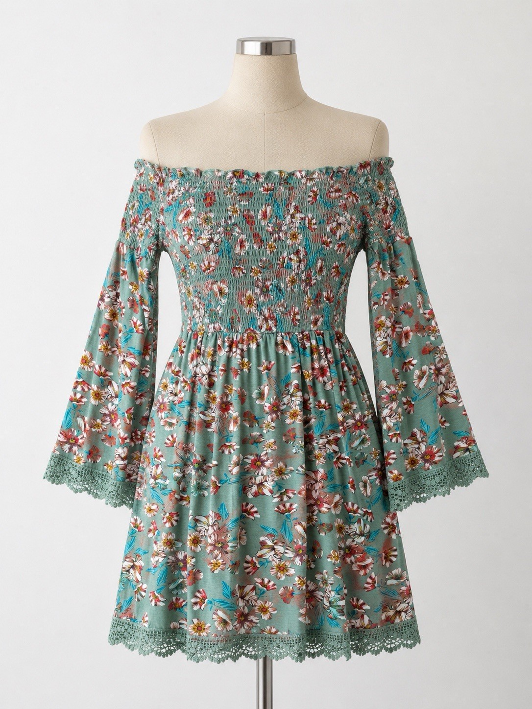 Xhilaration Floral Off Shoulder Bell Sleeve Mini Dress Boho Lace Trim Medium