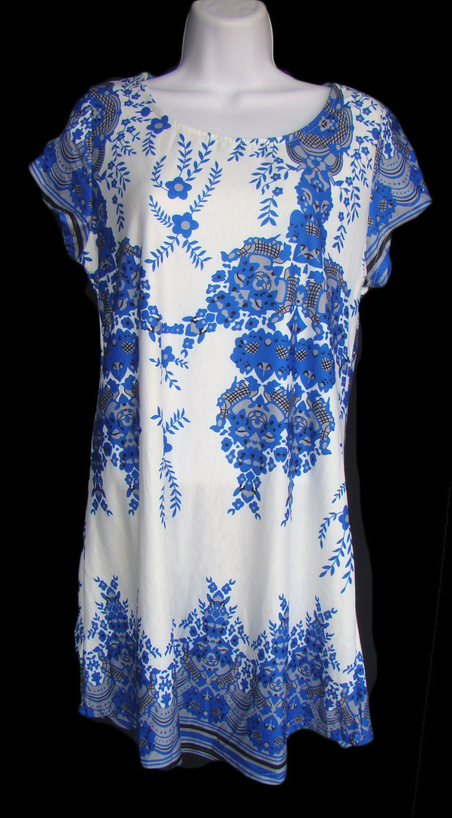 REBORN Size S Blue & White Handkerchief Print Stretch Rayon Dress NWT