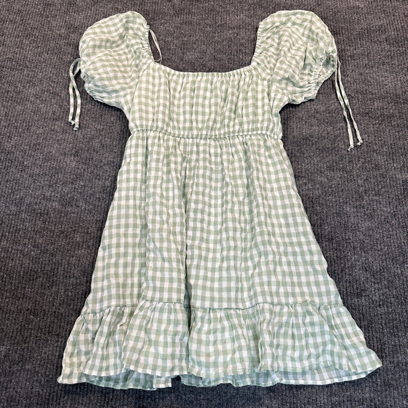 Thirty Third L/A Gingham Mini Dress Large Green White Puff Sleeve Cottagecore