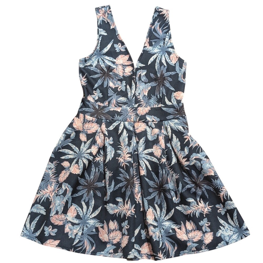 Alythea Tropical Floral Mini Dress Small S Navy Blue Pink Deep V Anthropologie
