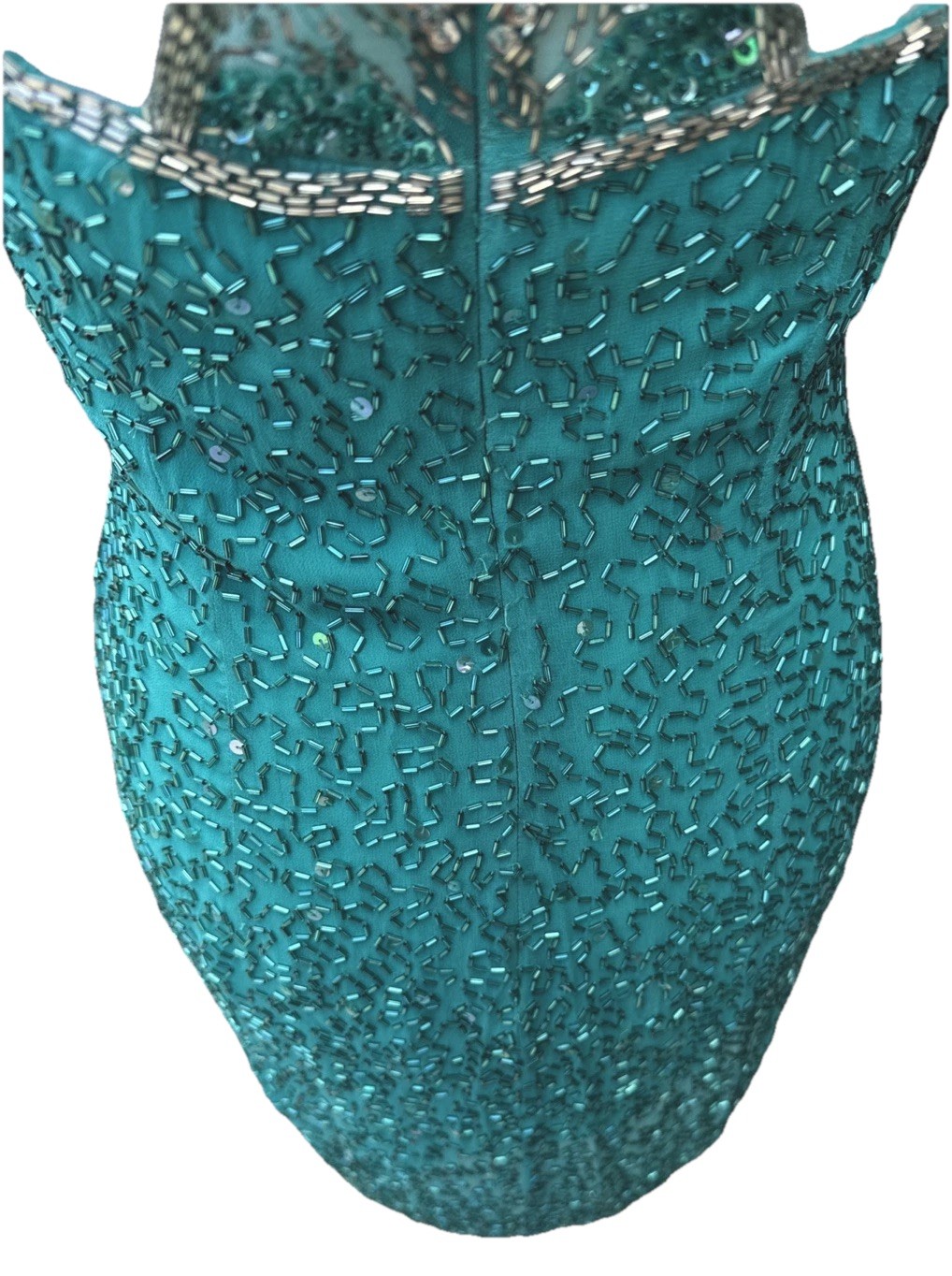 Cache Beaded Sequined Teal Formal Evening Dress Sz 8 Party 90s Y2K Flapper NYE